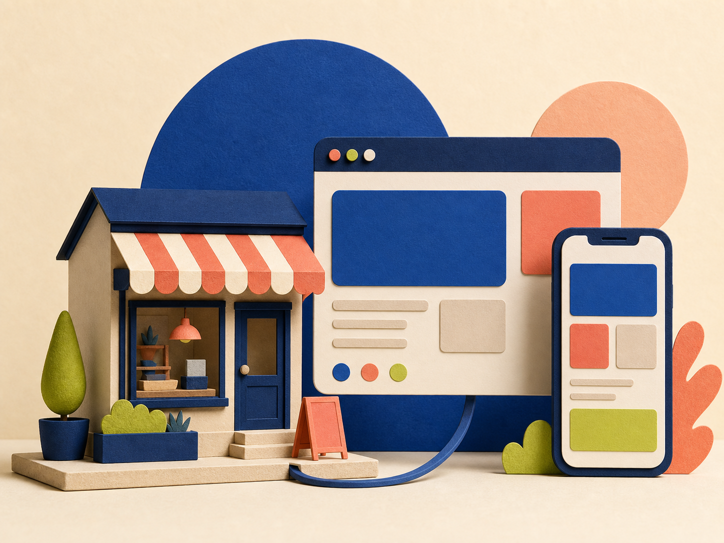 Paper-cut illustration of a high-street shop connected to desktop and mobile website screens